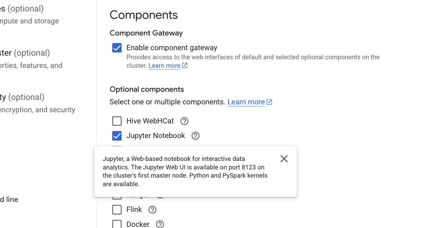 创建 Dataproc Cluster 时的 Jupyter 模组选项